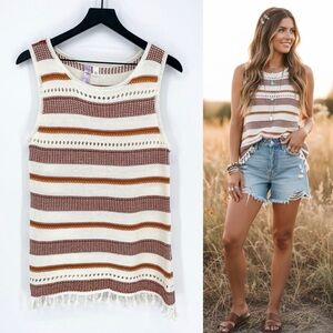 Alya Boho Stripe Knit Tunic Tank with Tassels White Orange Large